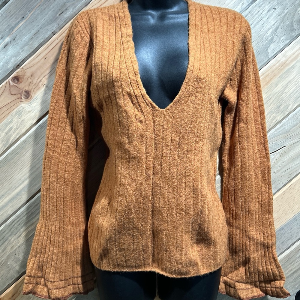 Free People Copper Super Soft V-Neck Vertical Stripe Knit Bell Sleeve Sweater